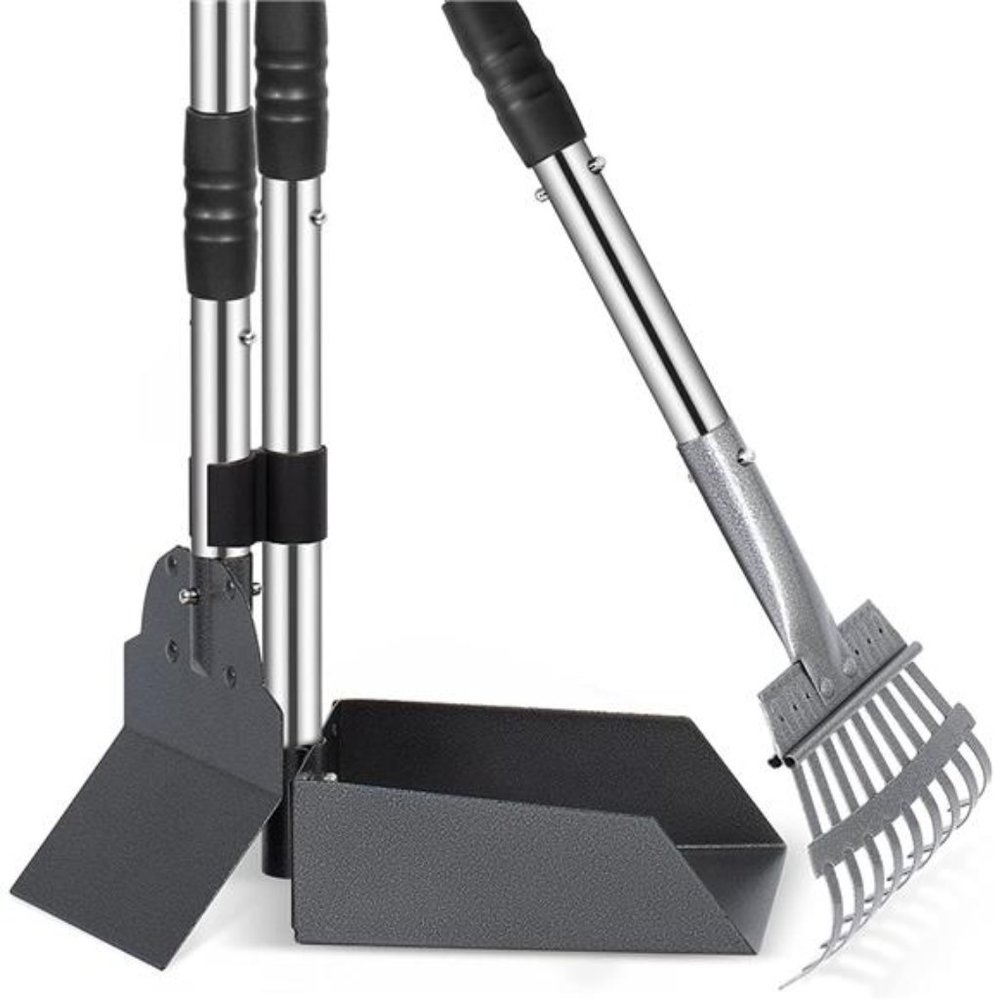 Dog Pooper Scooper, Dog Poop Tray and Rake Set with Long Stainless Handles